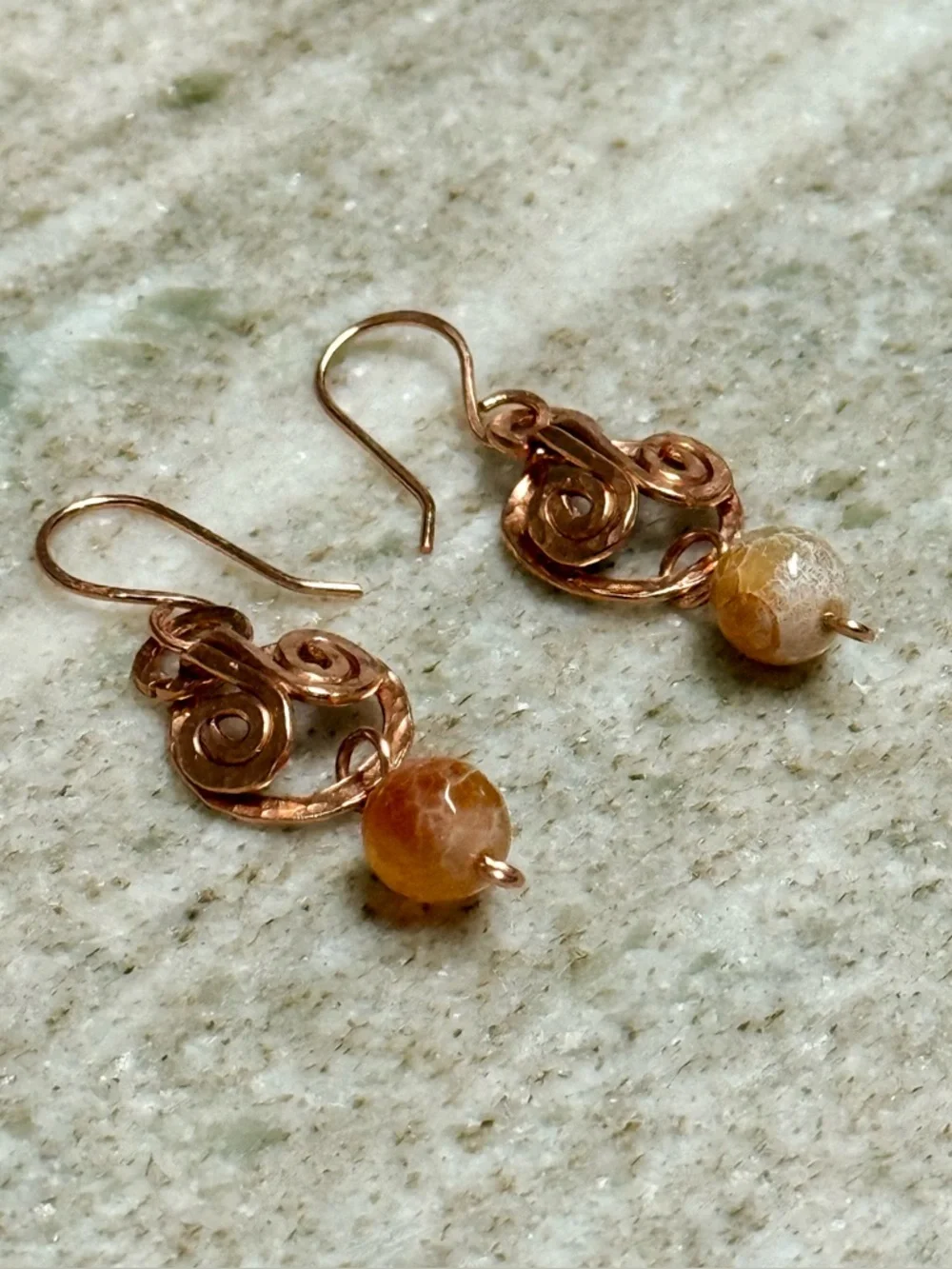 Fire Agate Hammered Copper Dangle Earrings
